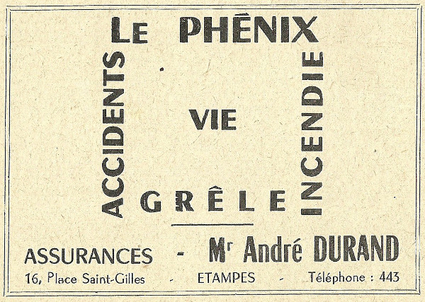 Réclame pour l'agence d'assurance Le Phénix tenue par André Durand à Etampes en 1958
