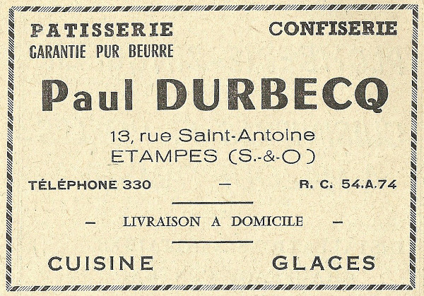 Réclame pour la pâtisserie de Paul Durbecq à Etampes en 1958