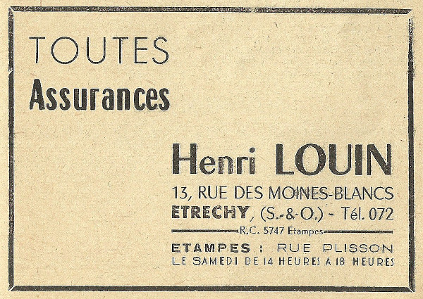 Réclame pour l'agence d'assurance de Henri Louin à Etréchy en 1958