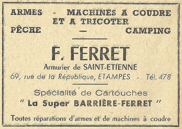 Réclame pour l'armurerie de Félix Ferret à Etampes en 1958