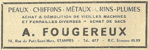 Réclame pour l'entreprise du brocanteur André Fougereux à Etampes en 1958