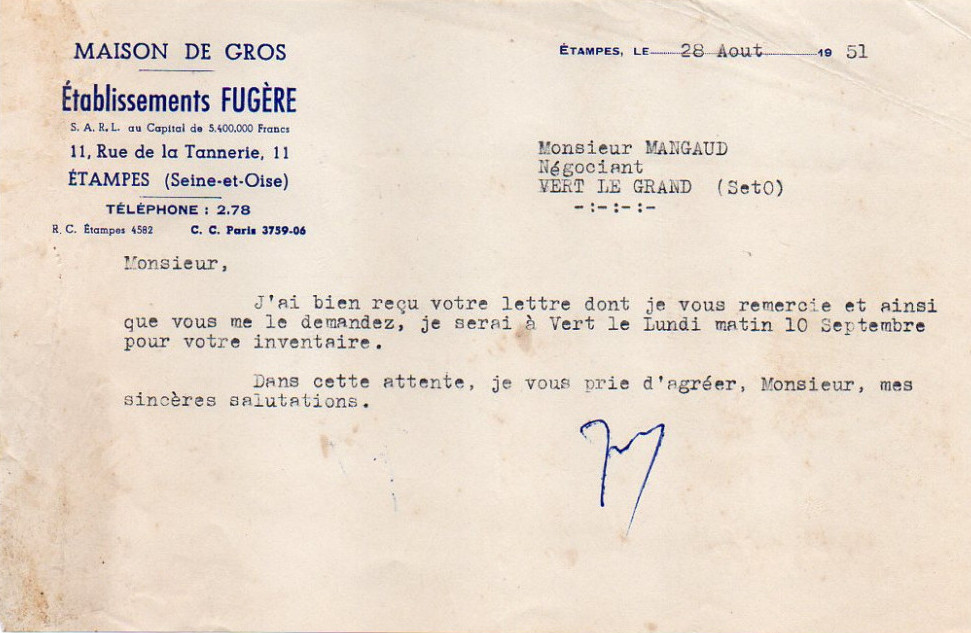 Lettre à entête de Fugère, grossiste à Etampes (1951)
