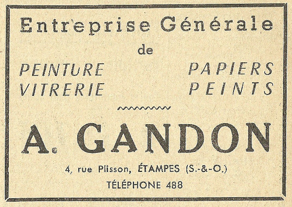 Réclame pour l'entreprise de peinture d'André Gandon à Etampes en 1958