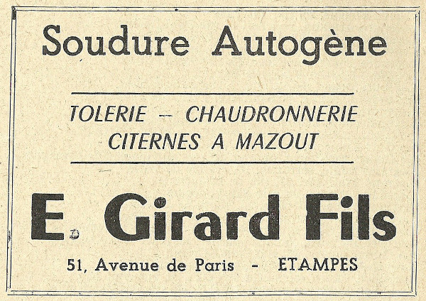 Réclame pour l'entreprise de soudure d'Eugène Girard fils à Etampes en 1958