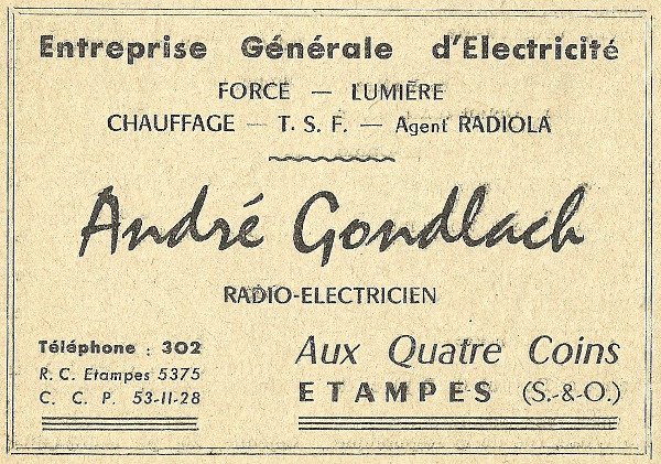 Réclame pour l'entreprise d'électricité d'André Gondlach à Etampes en 1958