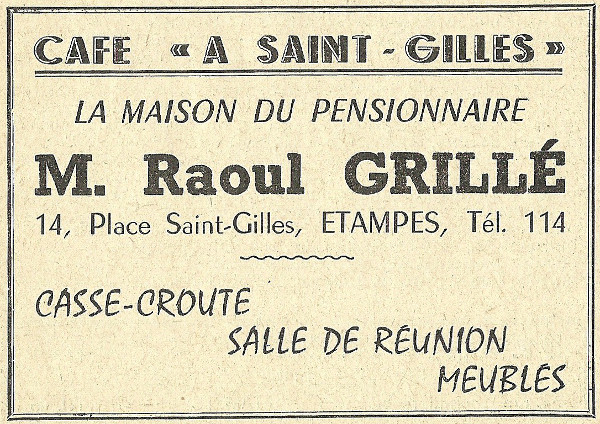 Réclame pour le café A Saint-Gilles tenu à Etampes par Raoul Grillé en 1958