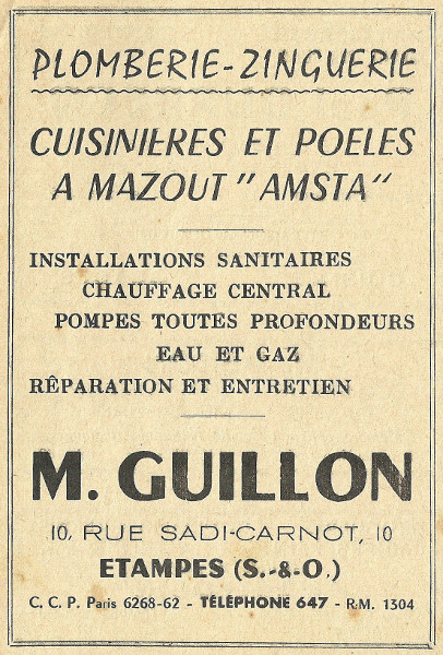 Réclame pour l'entreprise de Maurice Guillon à Etampes en 1958