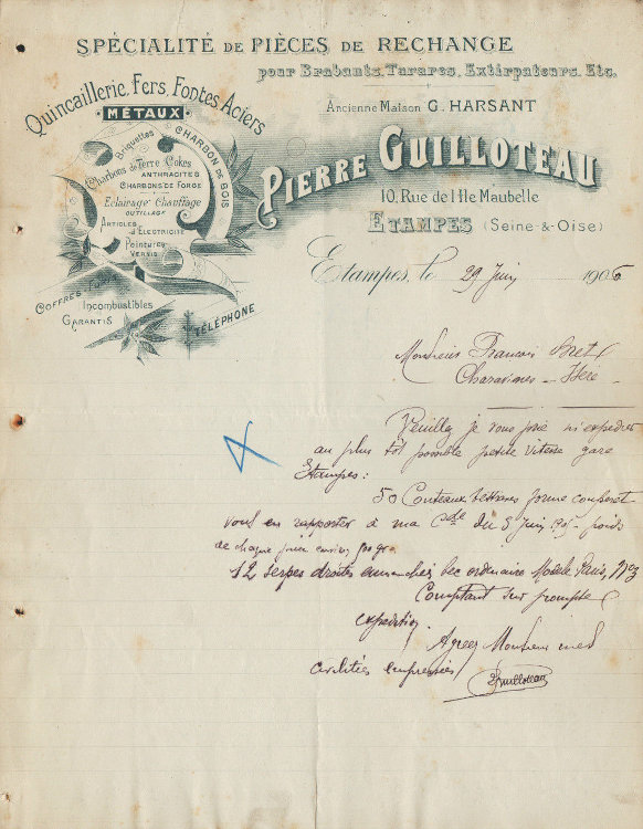Entête de la Maison Pierre Guilloteau (Etampes, 1906)