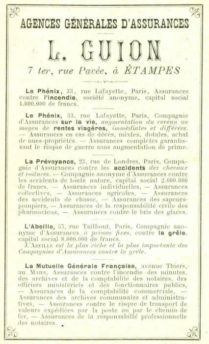 Réclame pour L. Guion, assureur à Etampes, 1898