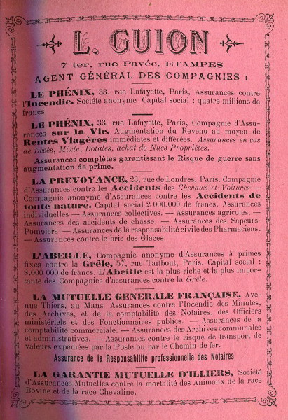 Réclame pour L. Guion, assureur à Etampes, 1901