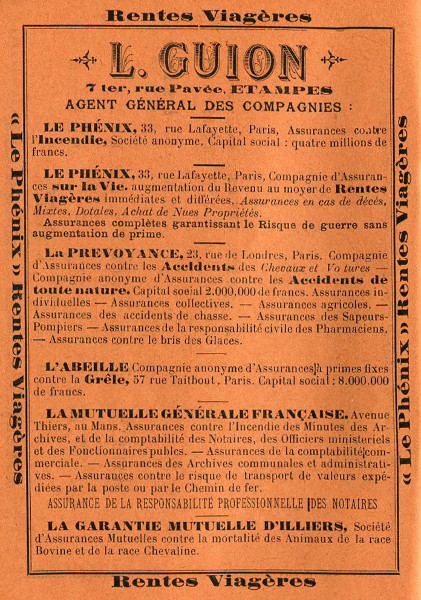 Réclame pour L. Guion, assureur à Etampes, 1902