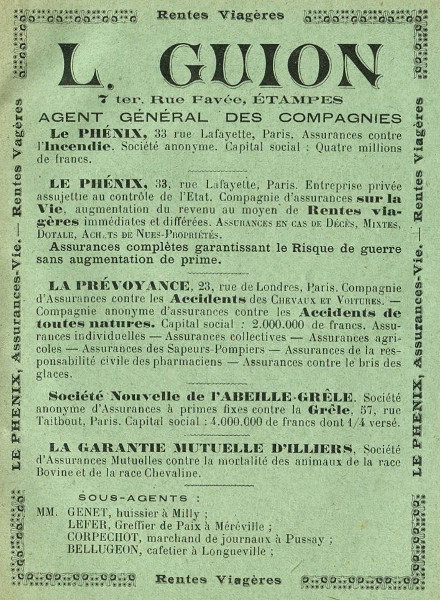 Réclame pour L. Guion, assureur à Etampes, 1913