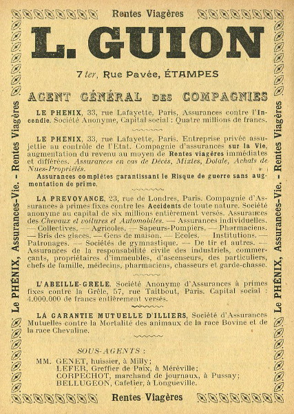 Réclame pour L. Guion, assureur à Etampes, 1912