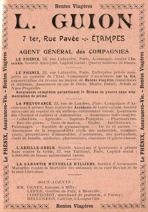 Réclame pour L. Guion, assureur à Etampes, 1913