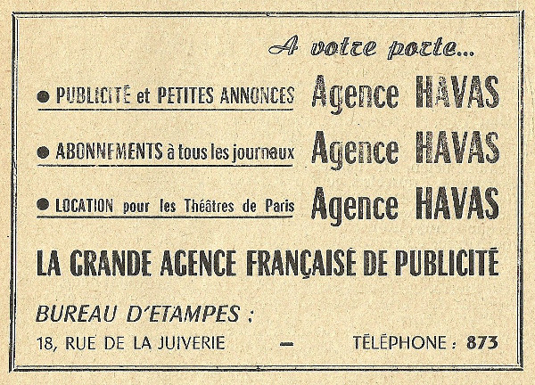 Réclame pour l'agence Havas à Etampes en 1958