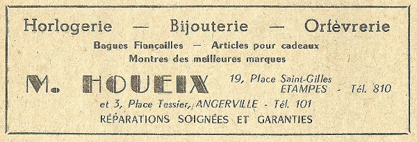 Réclame pour les horlogeries-bijouteries de M. Houeix à Etampes et Angerville en 1958