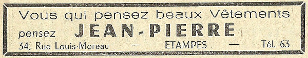 Réclame pour le magasin de vêtements Chez Jean-Pierre, tenu par Mendel Huberman à Etampes en 1958