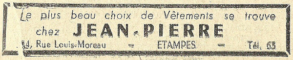 Réclame pour le magasin de vêtements Chez Jean-Pierre, tenu par Mendel Huberman à Etampes en 1958