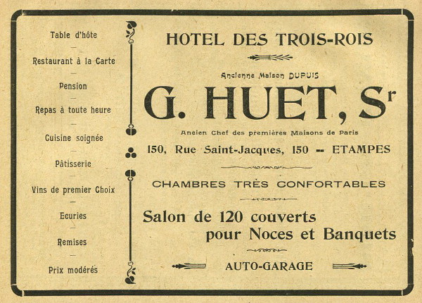 Réclame pour l'Hôtel des Trois Rois tenu à Etampes par Georges Huet en 1909