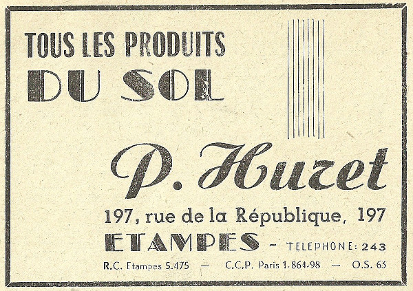 Réclame pour l'entreprise de P. Huret, grainetier à Etampes en 1958