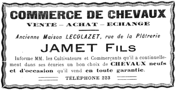 Réclame pour le commerce de chevaux de Jamet fils à Etampes en 1920