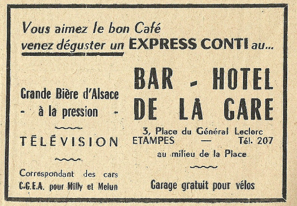 Réclame de 1958 pour le café de la Gare tenu par Henri Joguet