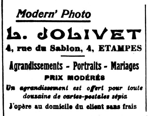 Réclame pour Jolivet dans l'Abeille d'Etampes du 4 mai 1929