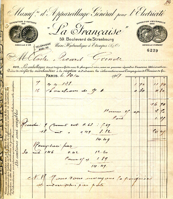 Un facture de l'entreprise La Française du 30 avril 1901