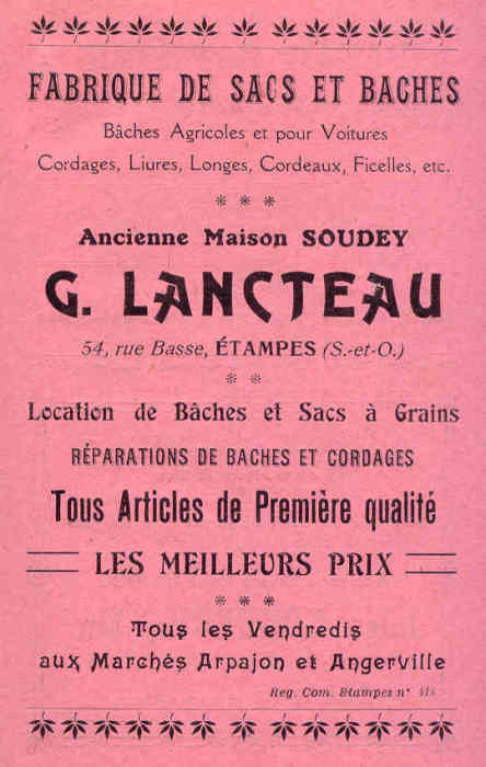 Réclame Lancteau (almanach d'Etampes, 1925)