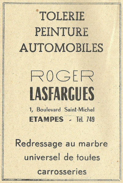 Réclame de 1958 pour la carrosserie de Roger Lasfargues à Etampes