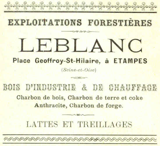 Réclame pour Leblanc, marchand de bois et charbon à Etaampes, 1898