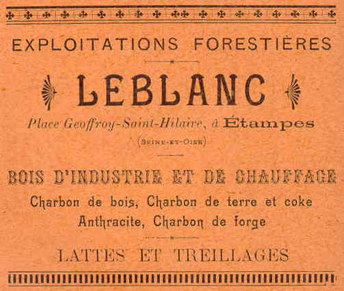 Réclame pour Leblanc, marchand de bois et charbon à Etaampes, 1901
