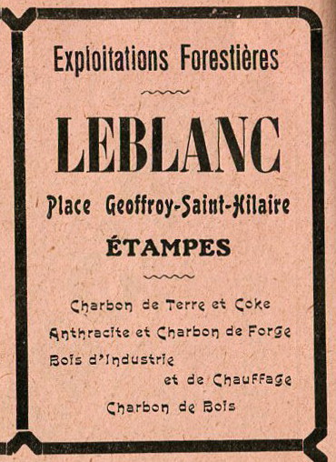 Réclame pour Leblanc, marchand de bois et charbon à Etaampes, 1913