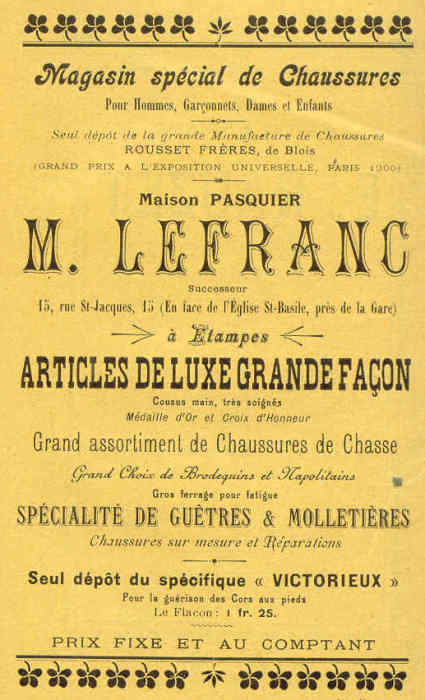 Réclame pour Lefranc successeur de Pasquier dans l'Annuaire d'Etmapes de 1902
