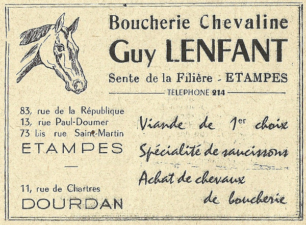 Réclame de 1958 pour les trois boucheries chevalines de Guy Lenfant à Etampes