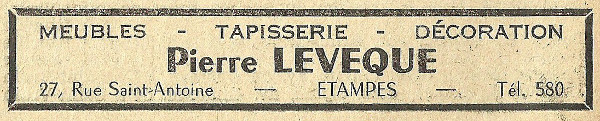 Réclame de 1958 pour le commerce de meubles de Pierre Lévêque à Etampes
