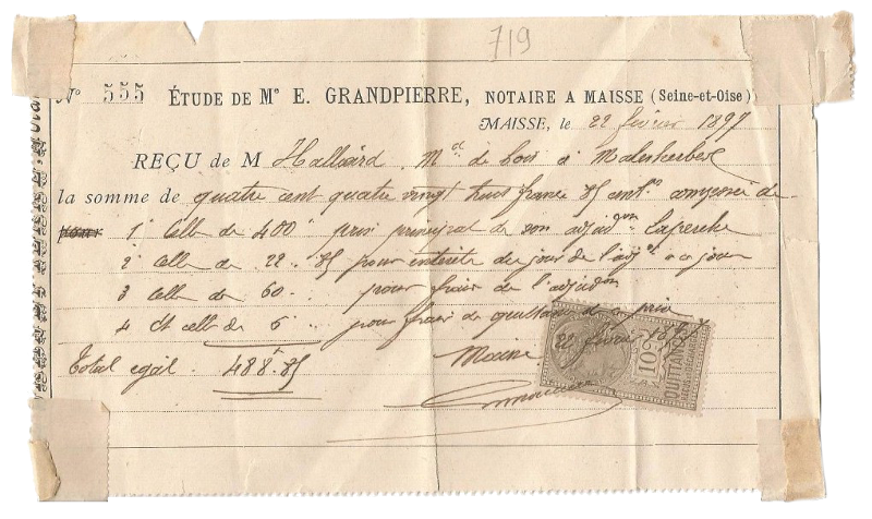 Reçu d'Eugène Grandpierre, notaire à Maisse (1897)