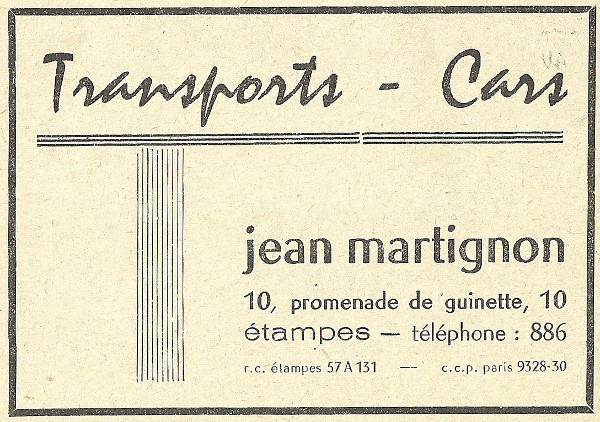 Réclame pour l'entreprise de Jean Martignon à Étampes en 1958
