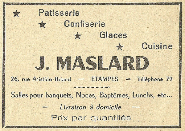 Réclame pour la pâtisserie de Jacques Maslard à Étampes en 1958