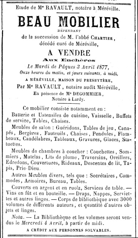 Vente après-décès du curé de Méréville Victor Chartier (1877)