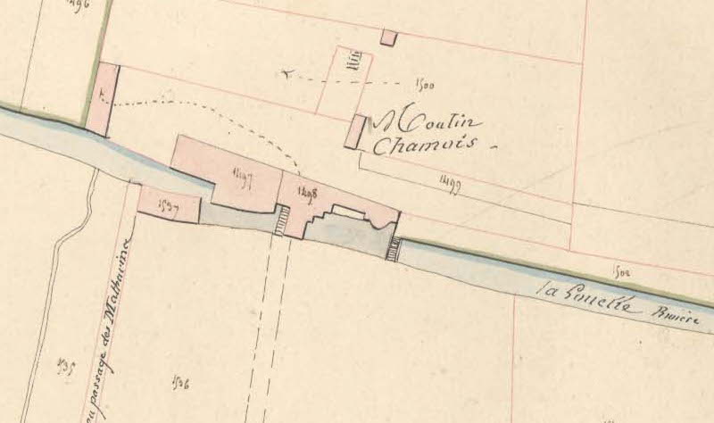 Le moulin à Peaux, alias moulin Chamois, sur le plan du cadastre de 1827