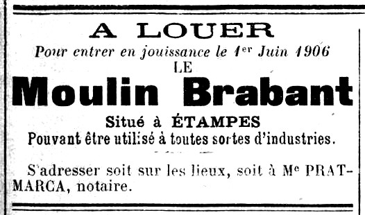 Mise en location du moulin Braban (1906)