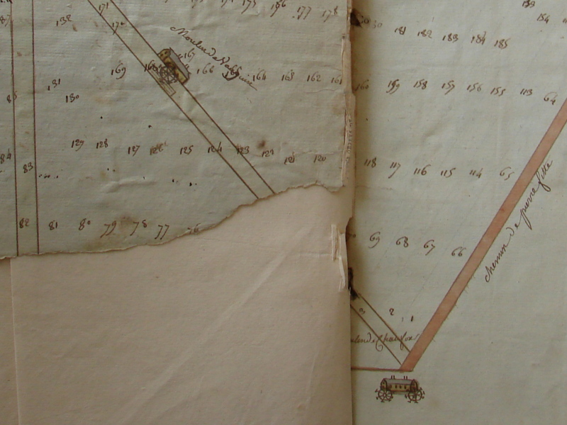 Les moulins de Vaujouan et de Chauffour vers 1791 (registre desmutations, Archives municipales)