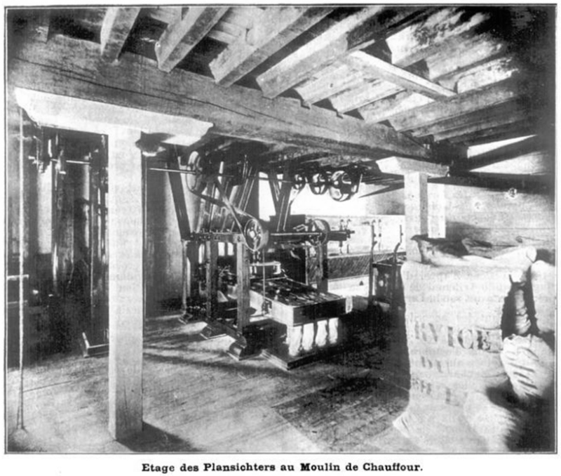 Photographie de l'intérieur du moulin en 1895 (La Meunerie française)