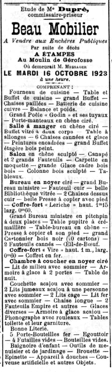 Vente posthume du mobilier du meunier Ménager (1923)