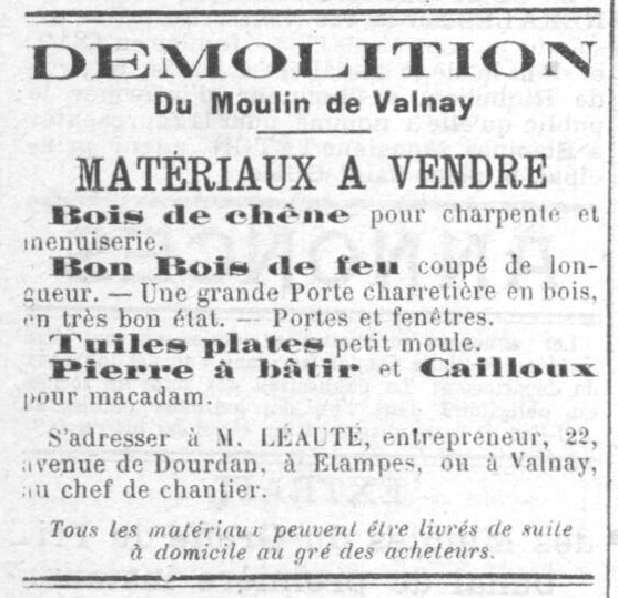 Annonce de la démolition du moulin en 1909