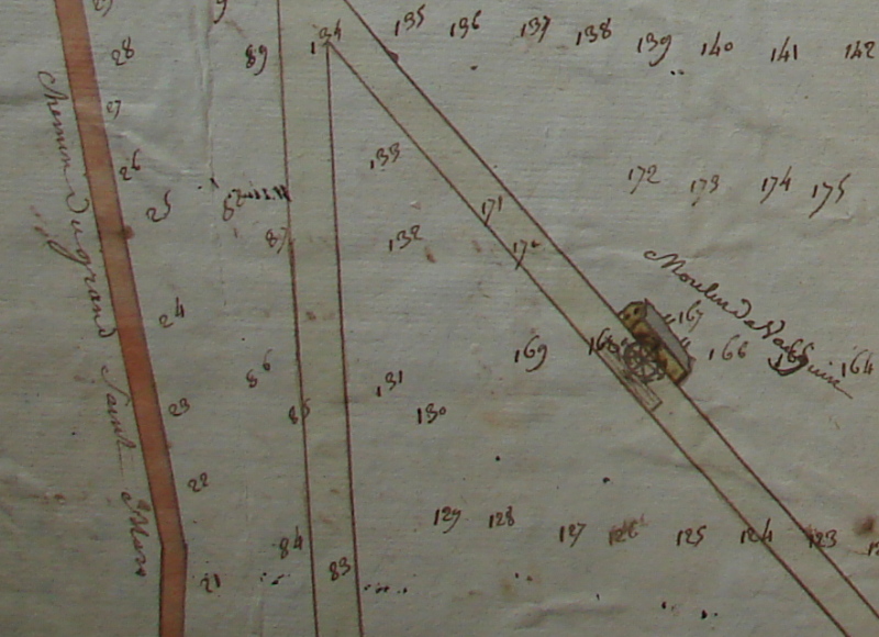 Croquis schématique du moulin de Vaujouan vers 1791 (registre desmutations, Archives municipales)
