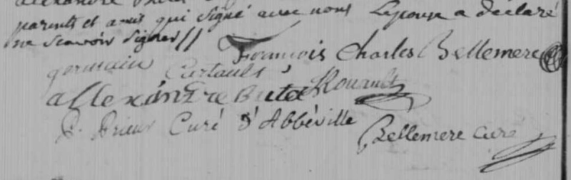 Signature de l'acte de mariage de Charles Bellemère à Arrancourt en 1790
