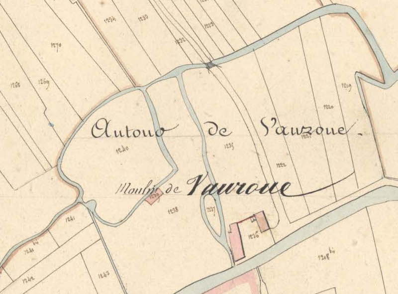 Le moulin de Vaurooux sur le plan du cadastre de 1827