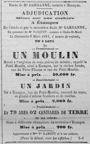 Annonce de la vente du moulin par la famille Hamouy en 1881 (Abeille d'Etampes)